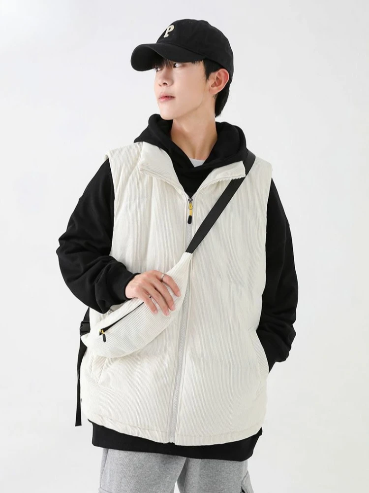 

Men's Autumn Winter Warm Faux Leather Collar Slim Fit Corduroy Vest Teen Boys' Stylish Thickened Casual Jacket