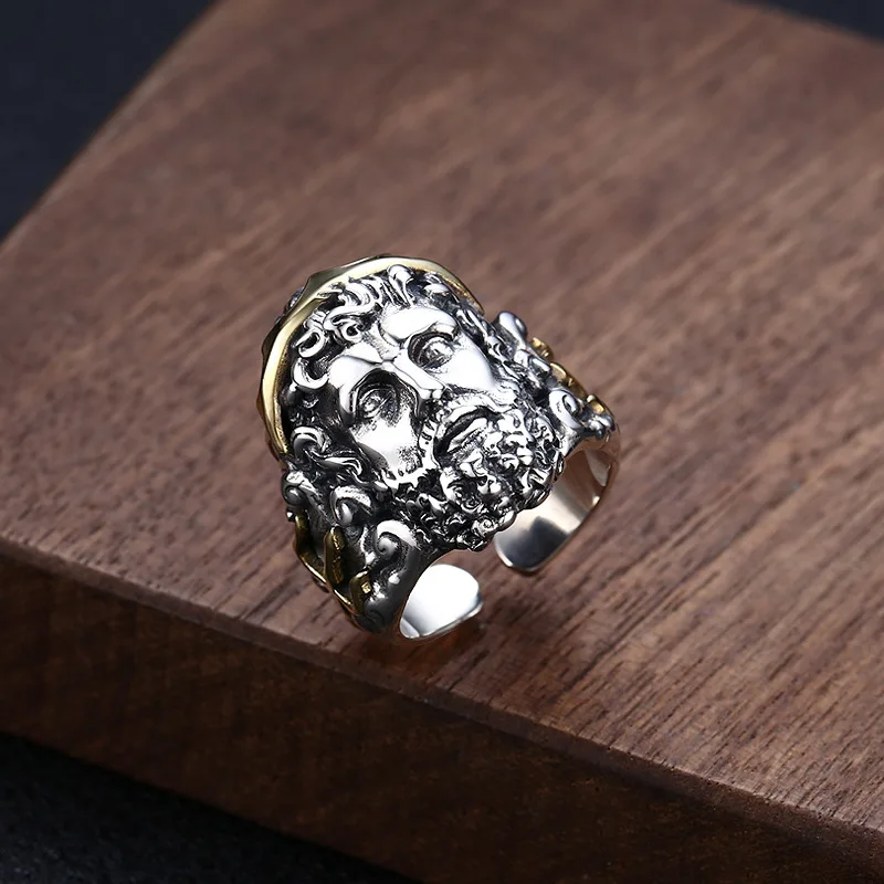 S925 sterling silver jewelry stylish sea god corrugated winter avatar portrait open ring thai silver retro index finger ring