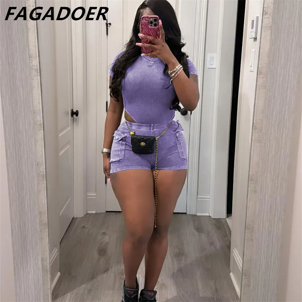 FAGADOER Quality Rib 2 Piece Outfits Women Stretchy Skinny Bodysuit Top Pockets Shorts Suits Casual Matching Sets 2024 Trendy