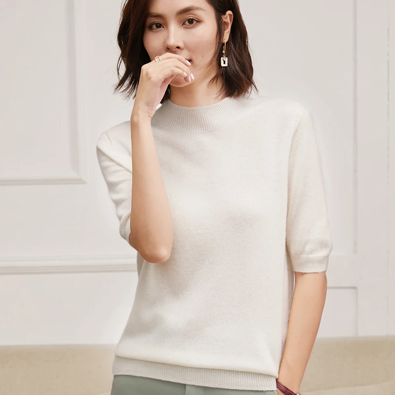 

Женский свитер THYFGT из 100% кашемира, с короткими рукавами, круглым вырезом, однотонный, вязаный, осенний, с высоким воротником