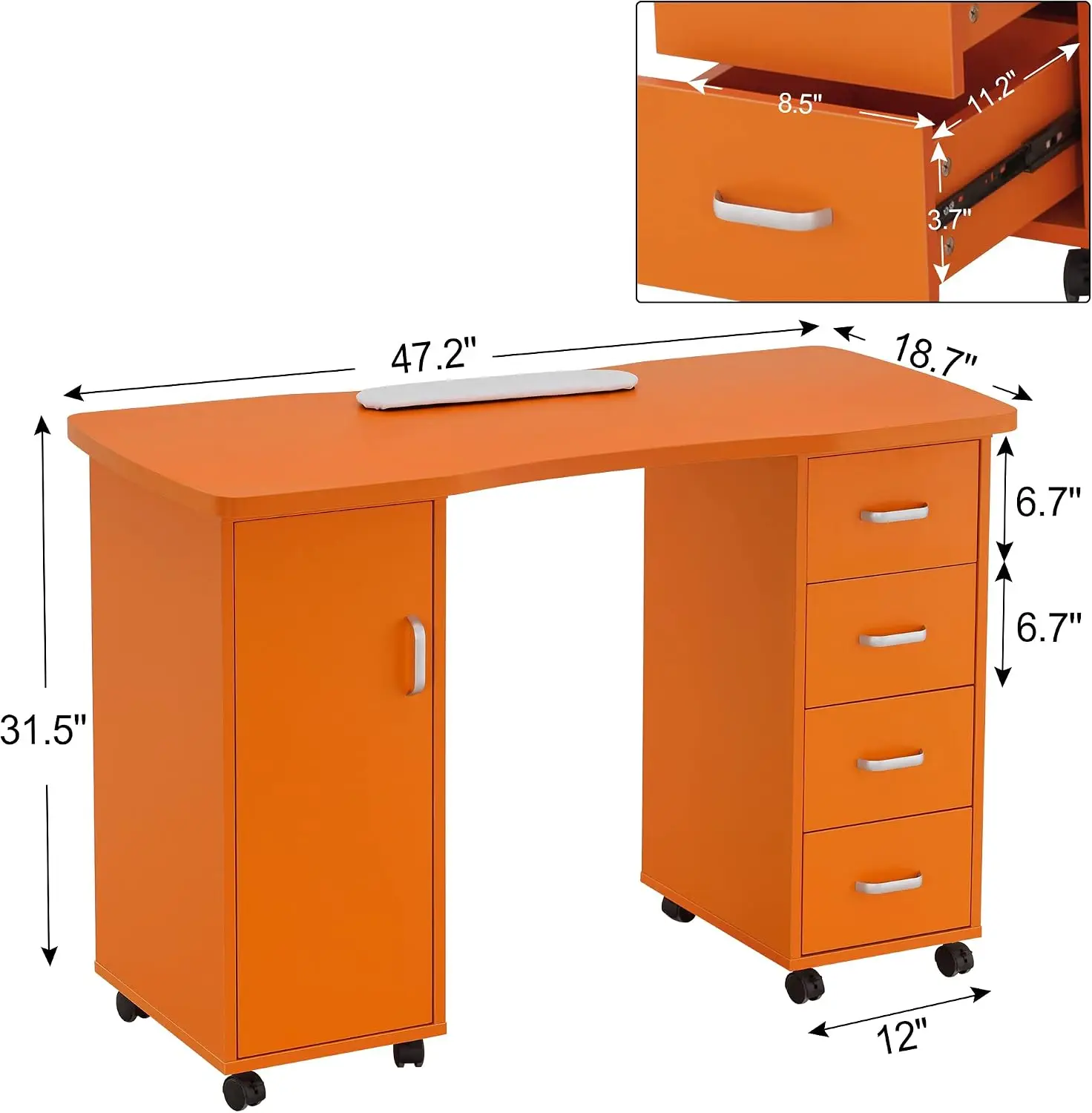 Acetone Resistant Manicure Table, Nail Tech Desk with 4 Drawers, 2 Cabinet, Lockable Wheels, Wrist Pad, Beauty Salon Equipment 0
