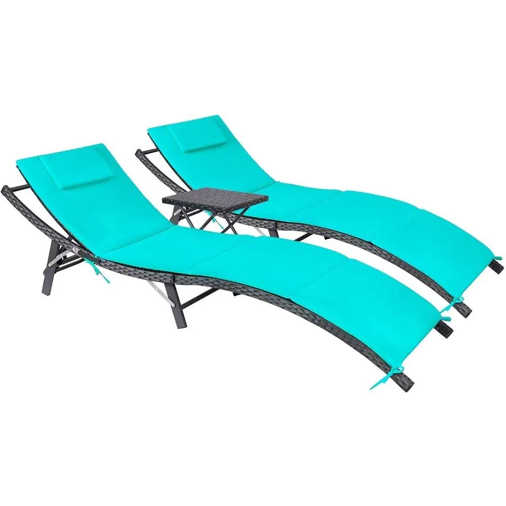 Patio Chaise Lounge Sets Outdoor Rattan Adjustable Back 3 Pieces Cushioned Patio Folding Chaise Lounge with Folding Table (Blue