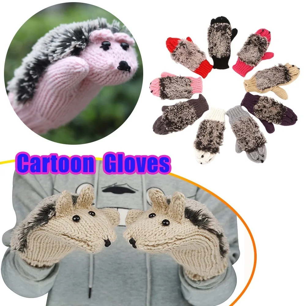 

Womens Knitted Gloves Winter Warm Fleece Lined Touch Screen Cartoon Hedgehog Mittens with Non Slip Grip for Christmas Gift