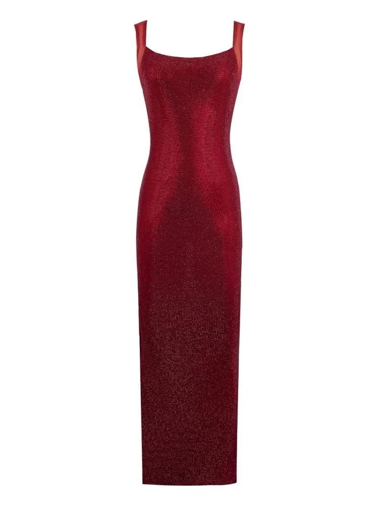 Sexy vierkante kraag mesh patchwork diamanten lange jurk vrouwen backless glanzende strass slanke jurken avondfeest cocktailjurken