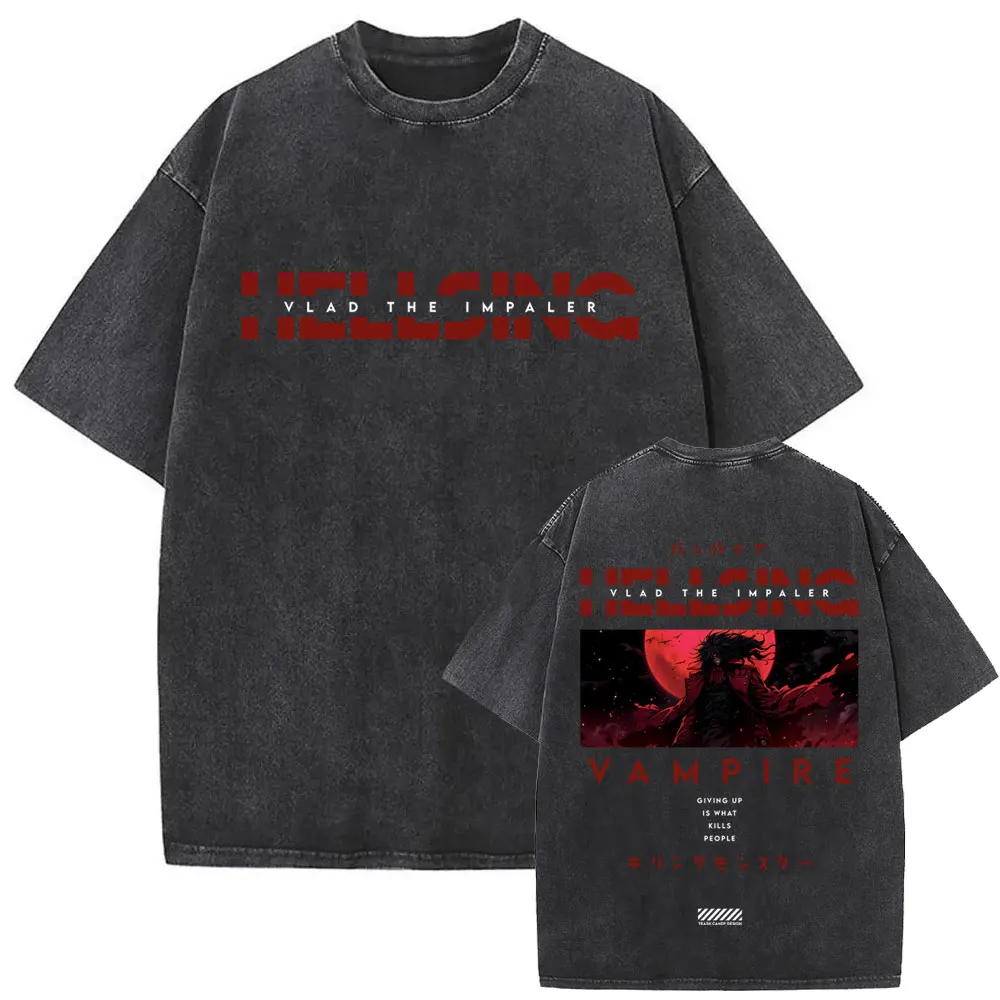 Washed Vintage Anime Hellsing Abraham Van Helsing Vampire Alucard Double Sided Print T-shirts Men's 90s Manga Oversized T Shirts - view 3