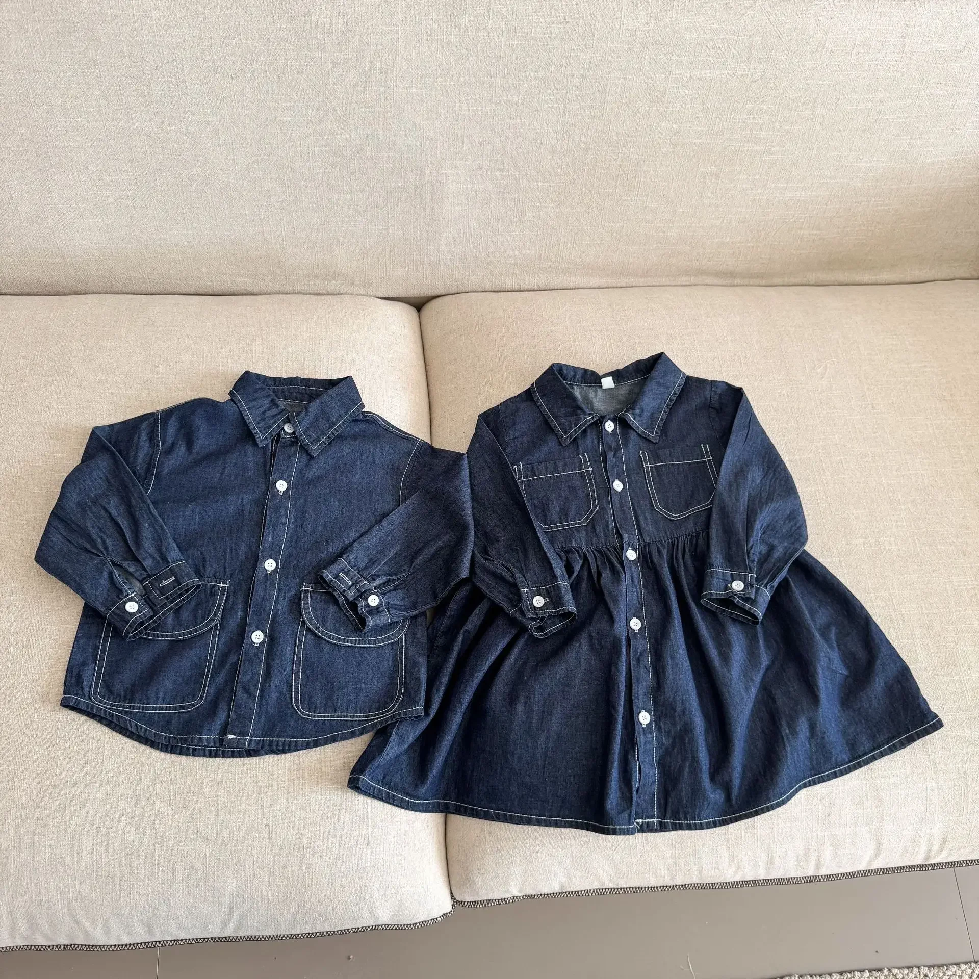 2026 Spring New Children Denim Dress Toddler Girls Long Sleeve Lapel Dress Kids Boys Denim Shirts Coat Brother Sister Costume