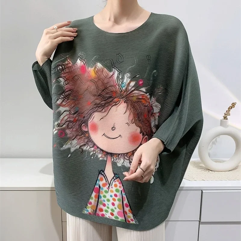 

Pleats 2024 Spring and Summer New Pleated Printed Blouse Cartoon Pattern T-shirt Seven-minute Sleeve Loose Thin Clothes Female