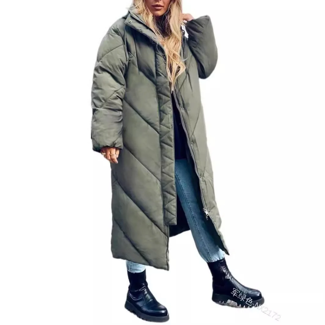 Women's Solid Color Hooded Extended Cotton-padded Clothing Fashion Zipper Autumn Winter Coat Parka