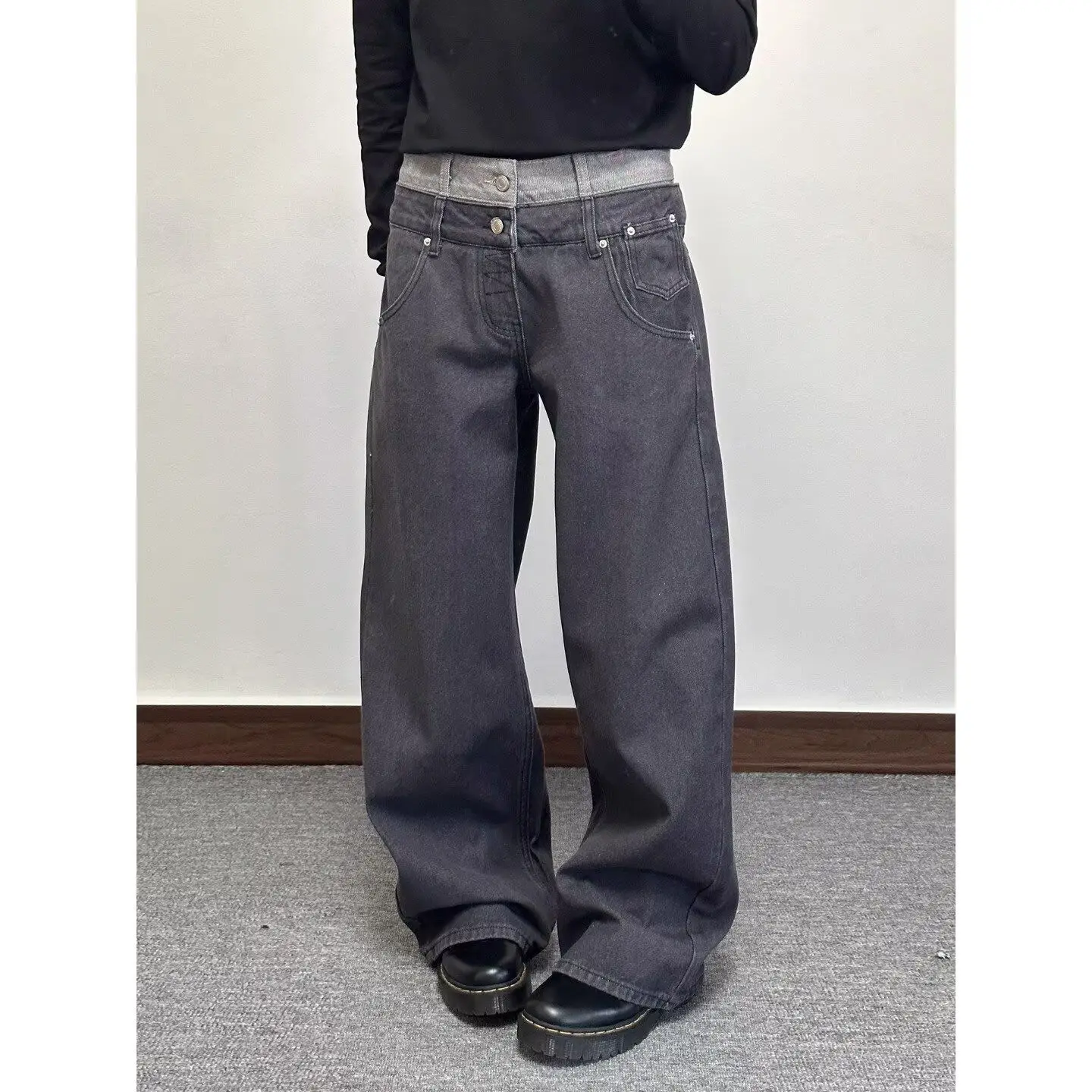 Men's Splicing Double Waistband Design Jeans High Waist Vintage Casual Pants Spring Sweatpants Male High Waist Trousers