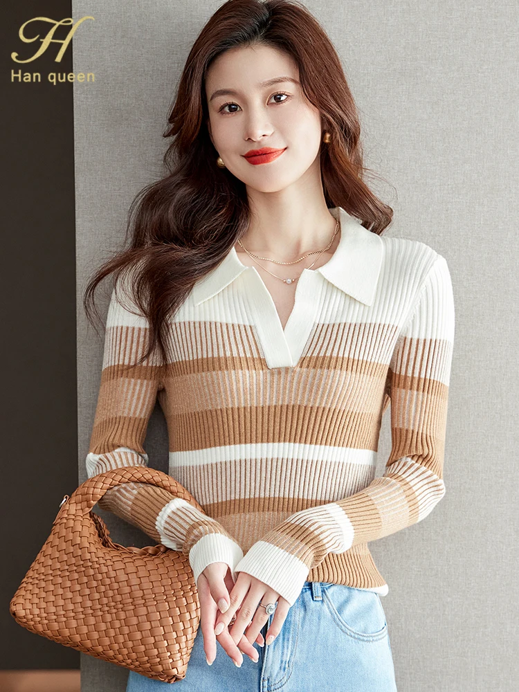 H Han Queen Autumn Winner Striped Pullover Korean Style Women's Clothing Vintage Casual Stretch Knitted Sweaters Long Sleeve Top