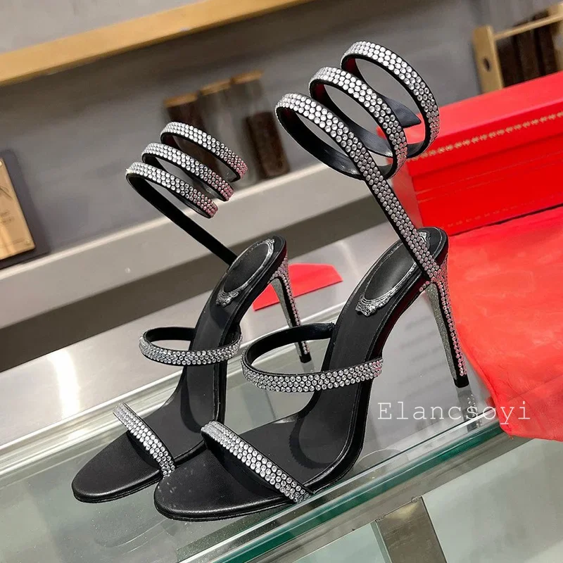Sandalias Sexy Thin Heels Open Toe Sandals Women Shiny Rhinestone Snake Shaped Winding High Heels Summer Party Banquet Shoes
