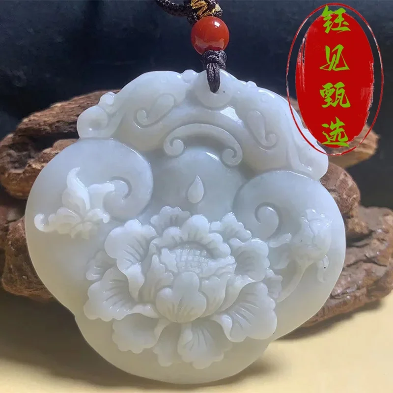 Natural Myanmar Jadeite Peony Flower  Jade Pendant Jewelry Lucky Exorcise Evil Spirits Safety Amulet Jade Pendant Fine  Jewelry