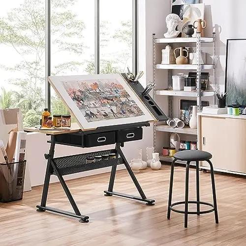Drafting Table for Artists, Height Adjustable Drawing Desk Art/Craft Desk Diamond Paintings Work Station w/ 2 Storage view 2