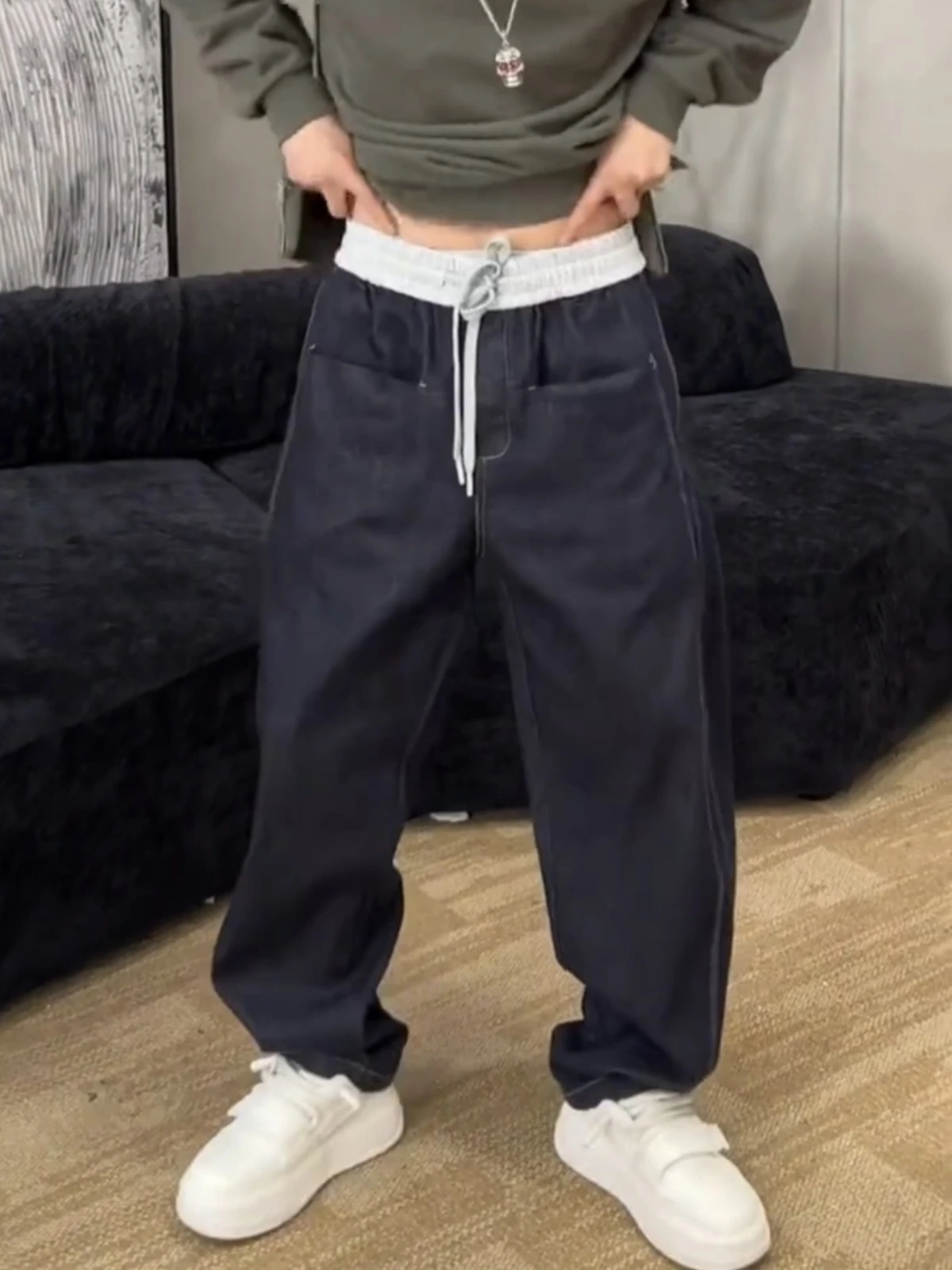 

Autumn Winter Thiened Waed Color Woven Fce Denim Jeans Casual Straight Leg Pants for Men Youth Faion Multi kets