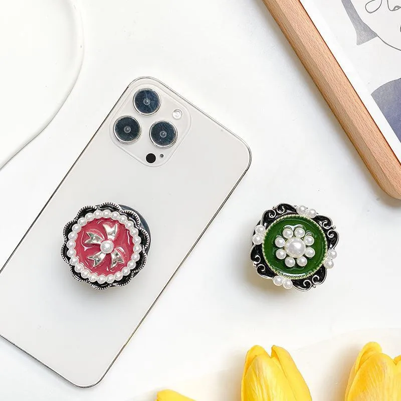 

Luxury Diamond Pearl Flower Mobile Phone Holder Stand Finger Ring Bracket Grip For IPhone 15 16 Samsung Huawei Foldable Hoder