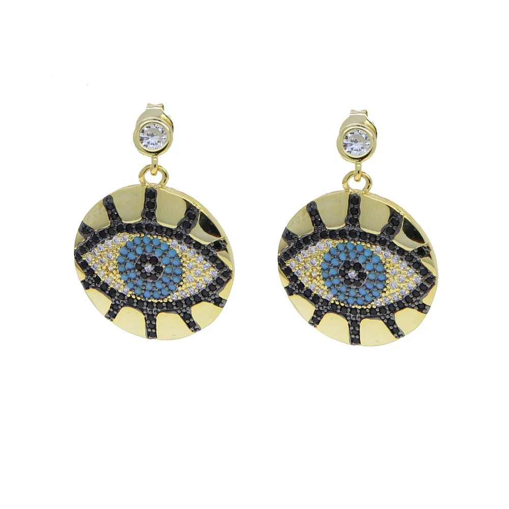 Micro Pave CZ Engraved Evil Eye Round Coin Charm Dangle Drop Earring Gold Color