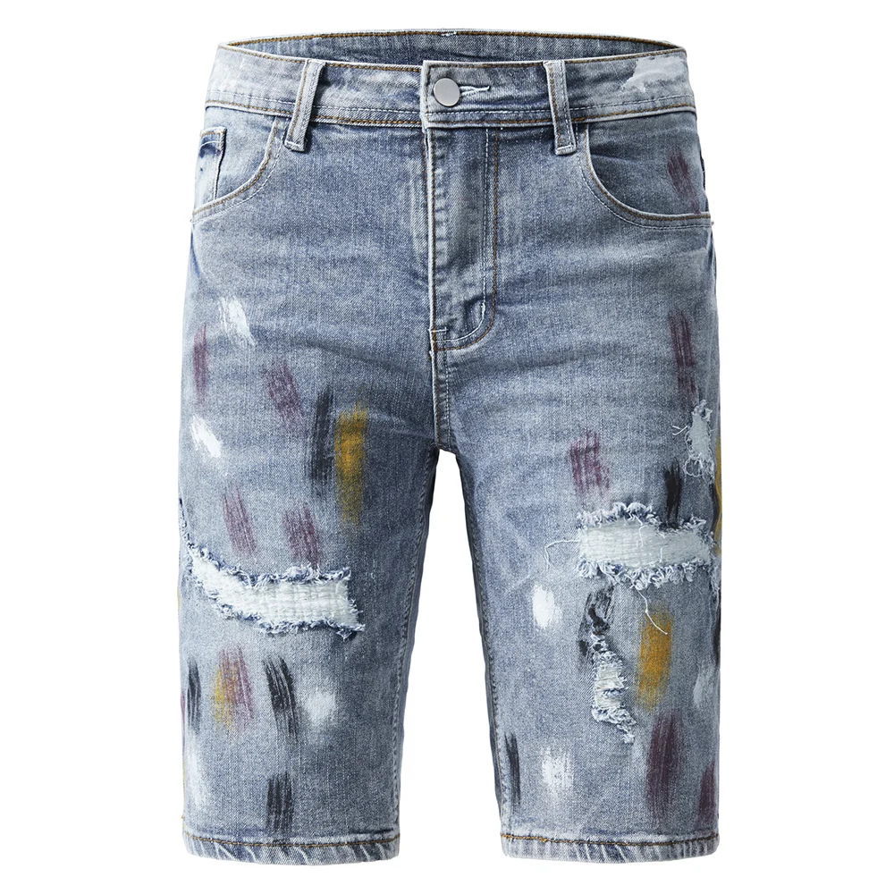 

Men's Painted Stretch Denim Shorts Summer Holes Ripped Distressed Jeans Casual Slim Straight Knee Length Breeches