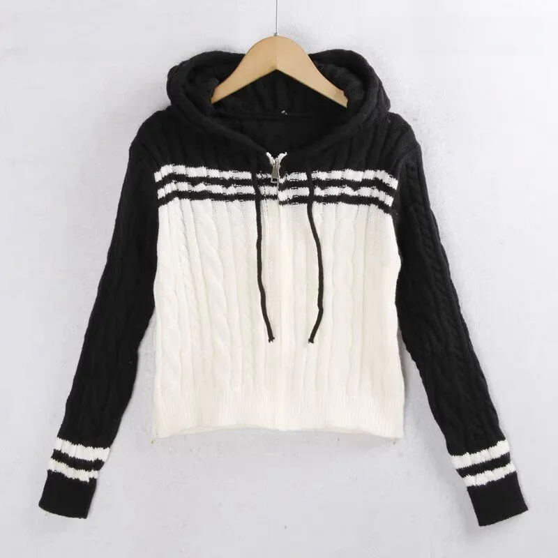 

Zipper Front Knitted ort Sweater Slim Fit Autumn Winter Faion Color Blo Cable Knit Cardigan Women's Warm Thermal Top