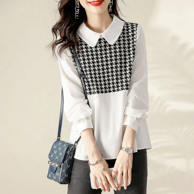 

Office Lady Houndstooth Patchwork Shirt Sweet Peter Pan Collar All-match Spring Autumn Long Sleeve Women's Korean Loose Blouse