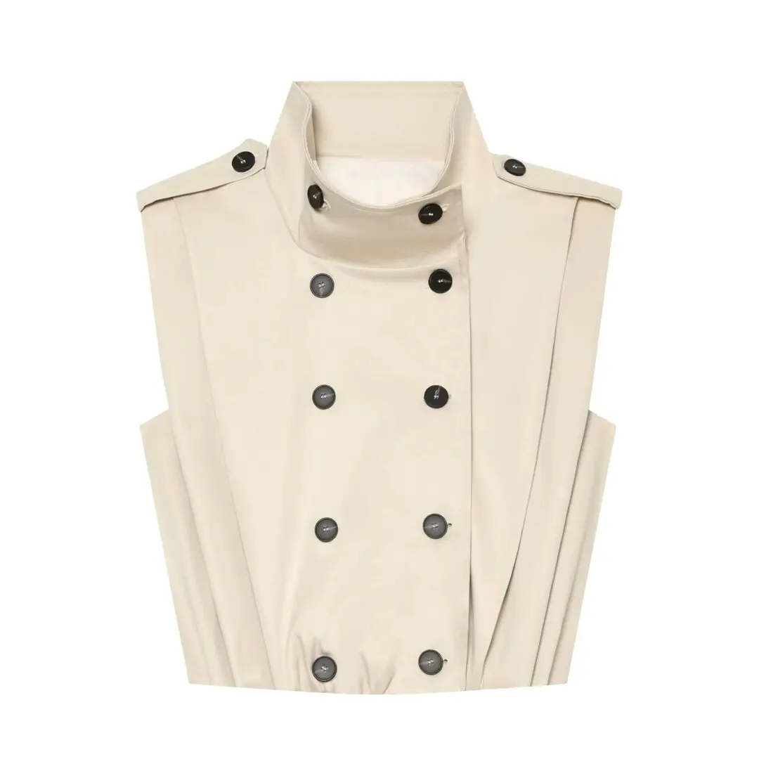 Fashionable Simplistic Sleeveless Stand Collar Pleated Button Vest New Arrival Early Autumn Women's Wear Cotton Slim Fit Curv...