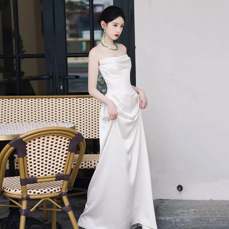 

J121 French satin light wedding dress bride temperament high-end simple one-shoulder