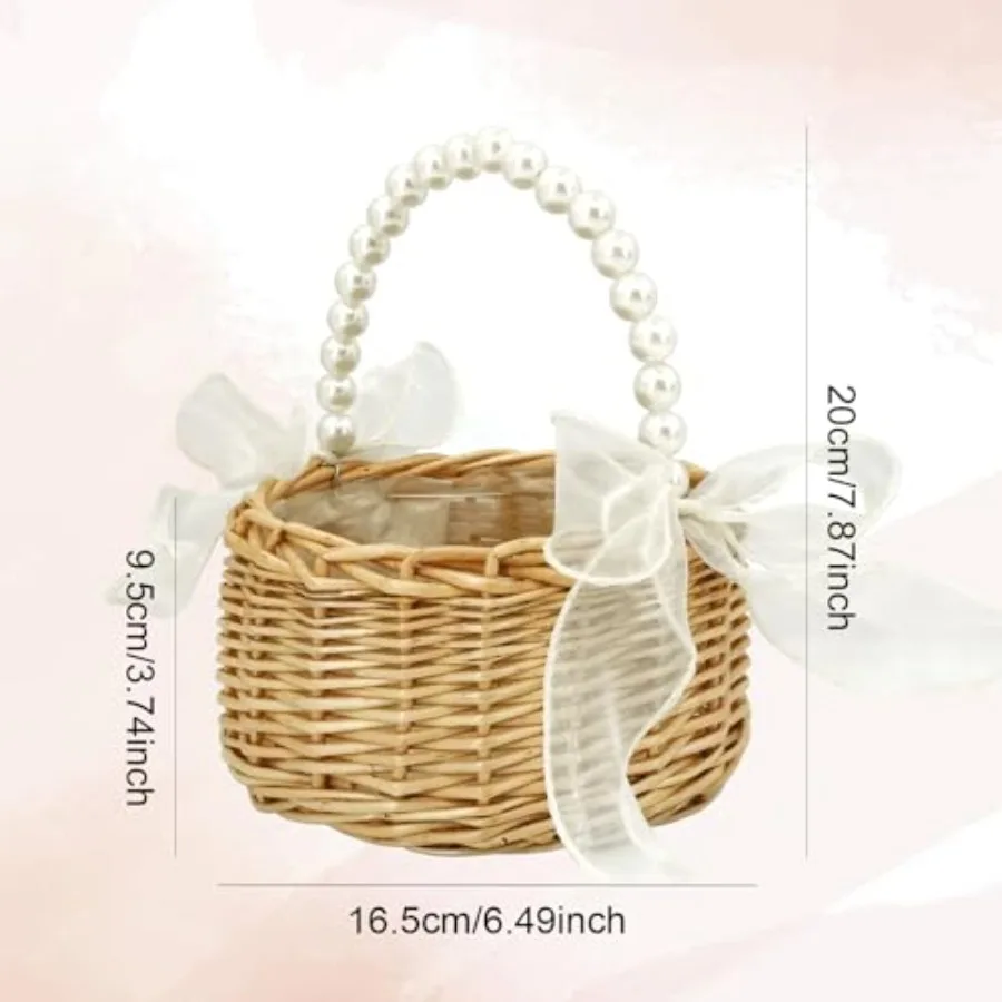 Flower Girl Basket Woven Rattan Wedding Basket with Pearl Handle Lace Bow for Rustic Elegant Flower Holding Perfect for Wedding