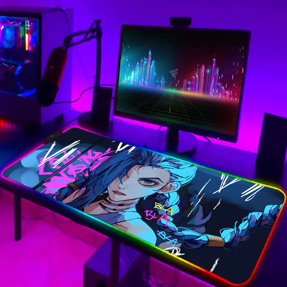 1pc Arcane Cartoon Jinx League Of Legends XXL RGB Gaming Mouse Pads HD Black Gamer Accessories Large LED