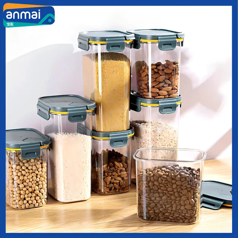 

Anmai Airtight Cereal Storage Container Set Coffee Bean Bucket Food Storage Box Plastic Transparent Sealed Tank 1L 1.55L