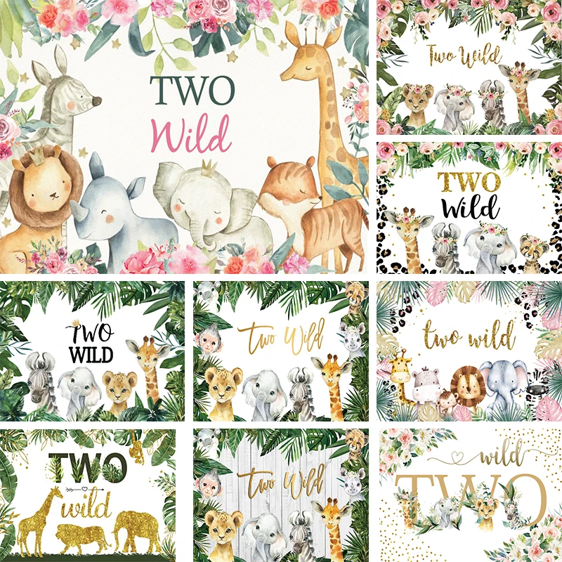 

Two Wild Backdrop for Baby Boy Girl 2nd Birthday Party Decorations Jungle Animals Banner 2 Years Birthday Photography Background