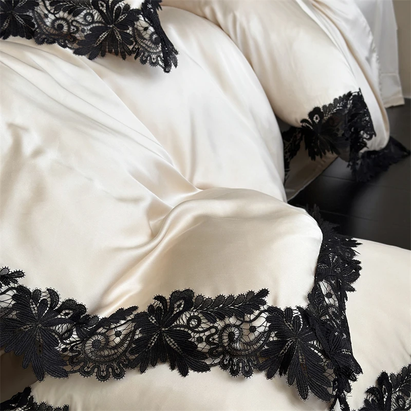 Vintage Black Lace Trim Lyocell Luxury Bedding Set 4Pcs Soft Silky Cooling Duvet Cover Set Queen King Size Bed Sheet Pillowcases view 6