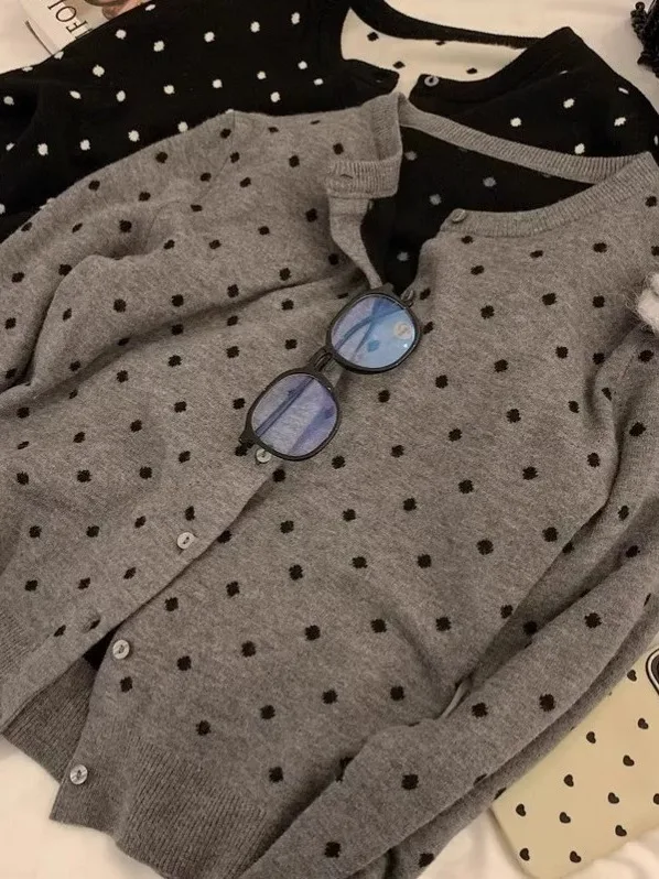

Polka Dot round Neck Knitted Short Jacket Women's Elegant Casual Style Spring Autumn Top Quality Polyester Fiber Long Sleeve