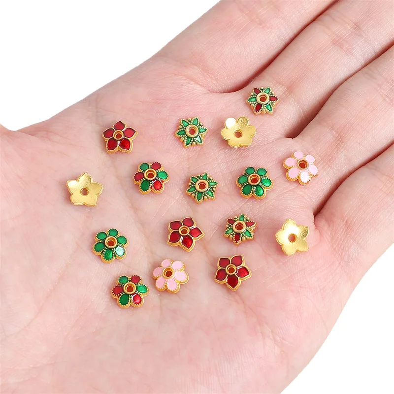 20pcs 7mm 8mm Flower Shape Enamel Gold Color Metal Loose Spacer Beads Caps For Jewelry Making DIY Findings