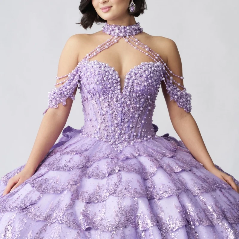 

Shiny Lavender Quinceanera Dress off-shoulder Glitter Crystal Decal Layering Long tail vestidos de 15 Quinceanera ﻿Customize