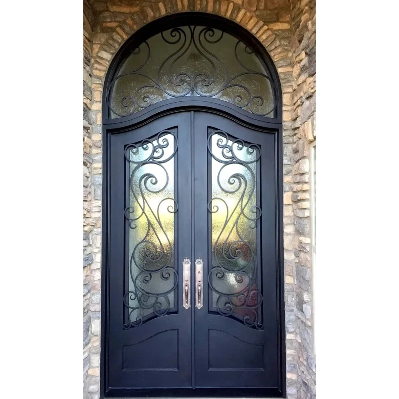 Customization Wrought Iron Double Entry With Top Transom Door Iron Doors Exterior Wrought Iron Door