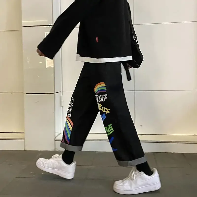 Fashion New Individuality Graffiti Jean Women Straight Stripe Denim Pant Bule/Black Men and Female Hip Hop Streetwear Trouser