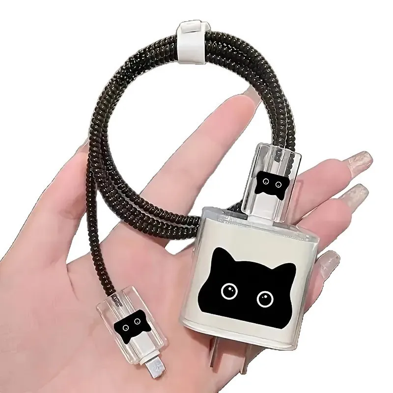 5-Piece set Black Cat Charging Data Cable Protector Winder Accessories For iPhone 18/20w Charger Protective Cover