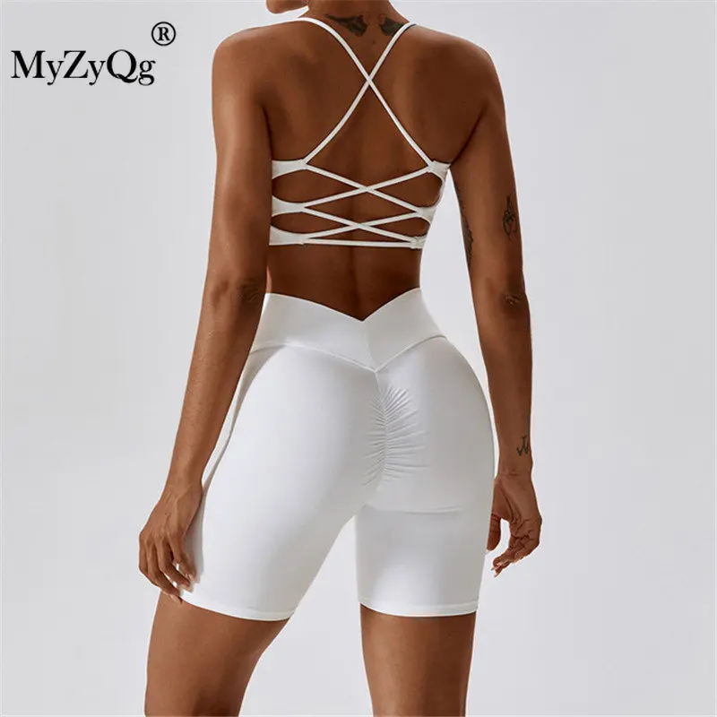 MyZyQg Women 2 Pcs Set Yoga Pilate Bra Beauty Back Cross Leggings Running Sports Underwear Quick Dry Tight Fitness Short Suit