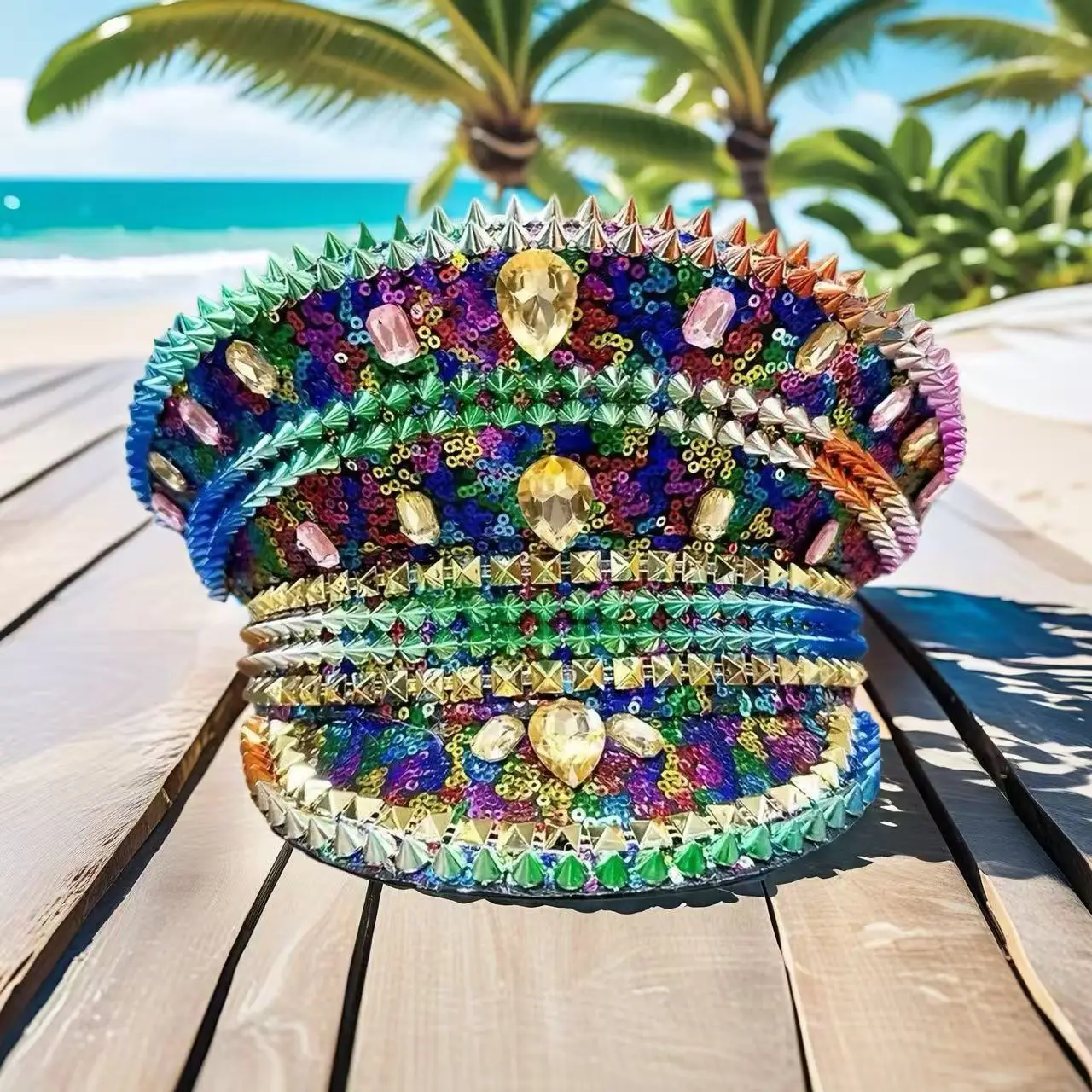 HongLuan Cappello colorato per costume di Halloween, Cappelli da capitano con strass per donna da festival Burning Man, Accessori femminili cosplay