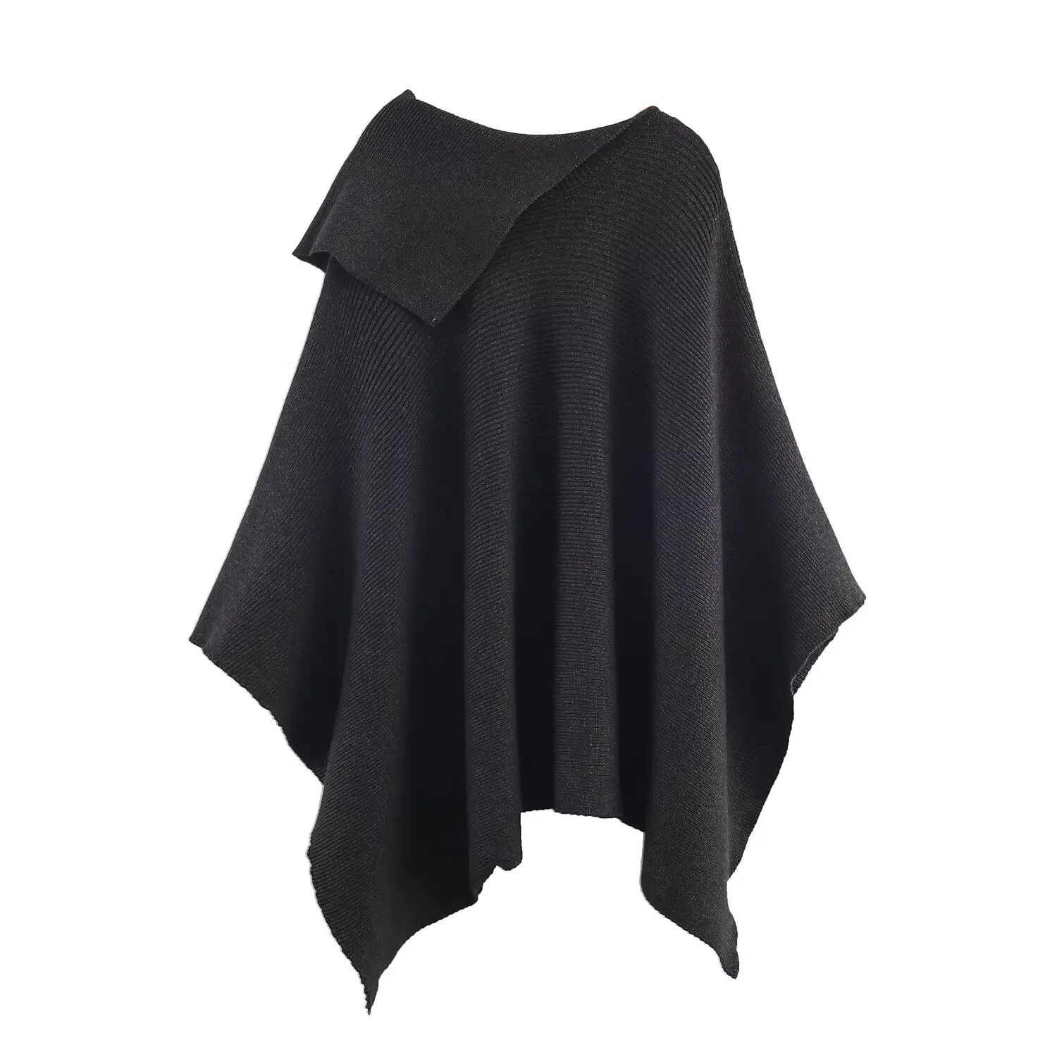 

2025 New Women's Clothing European and American Style Fashion Blended Asymmetrical Collar Ribbed Knit Cape Jacket