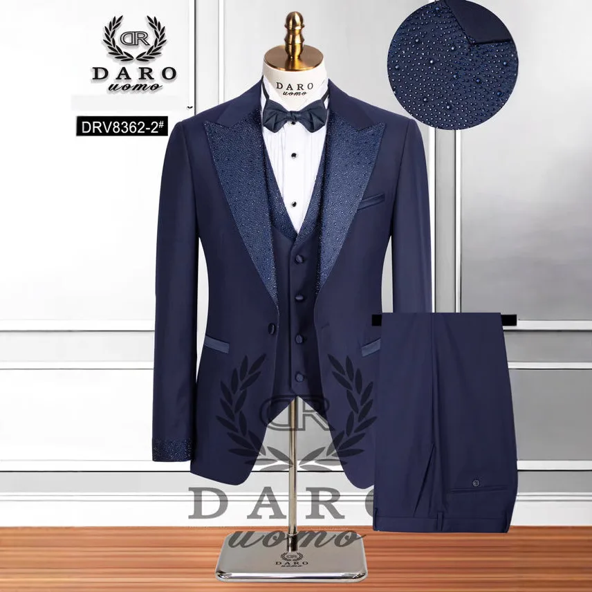 Brand Men's Suit Rhinestone Collar Host's Suits 3 Piece Set (Blazer+vest+Trouser) Wedding Office Party Prom Formal Dress Suit #2