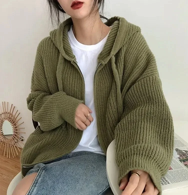 

Loose-Fit Plus Size Hooded Sweater Cardigan Jacket Women's Autumn Winter New Vintage Style Knitted Top