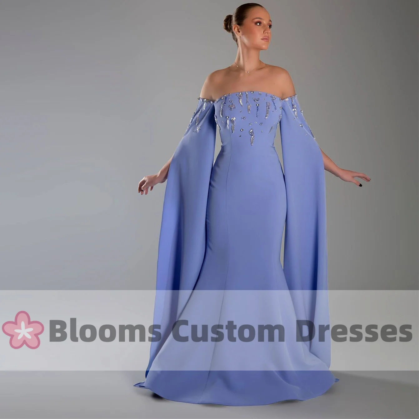 

Blooms Gorgeous Off Shoulder Beaded Long Evening Dresses Mermaid Long Slit Sleeves Prom Dress Wedding Formal Occasion Gown