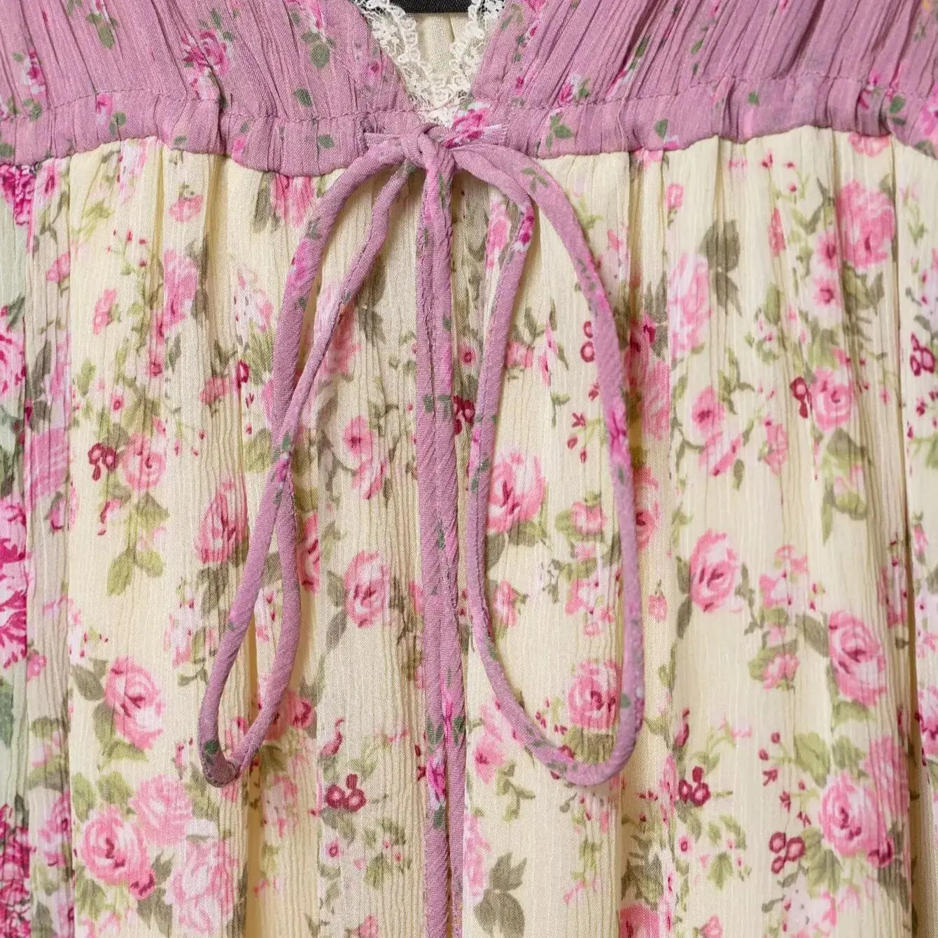 2025 BOHO Women Patchwork Pink Floral Print Chiffon Sling Dress Tassel Bow V neck Ruffles Hem Loose Long Dresses Holiday Robe