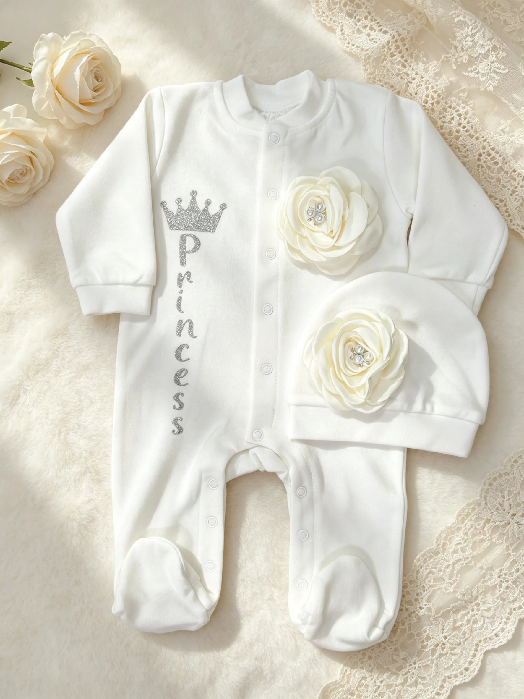 Baby Girl Princess Romper Hat 2PCS Set 3D Flower Rhinestone Crown Footed Jumpsuit Newborn Infant Formal Outfit