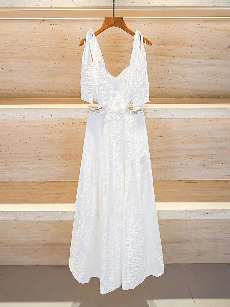 

2025 Summer New Fashion White Lace-up Waist-exposed Suspender Dress Women Elegant Temperament Party Robe Ladies