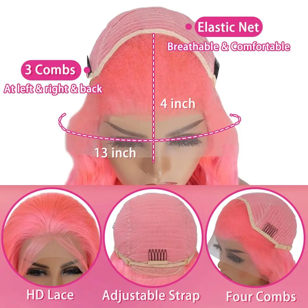 Wig Rambut Manusia Lurus HD Lace Front 13x4 Pink 30 Inch 200 Density Tinggi Wig Frontal HD 13x4 Wig Berwarna Rambut Manusia Untuk Wanita