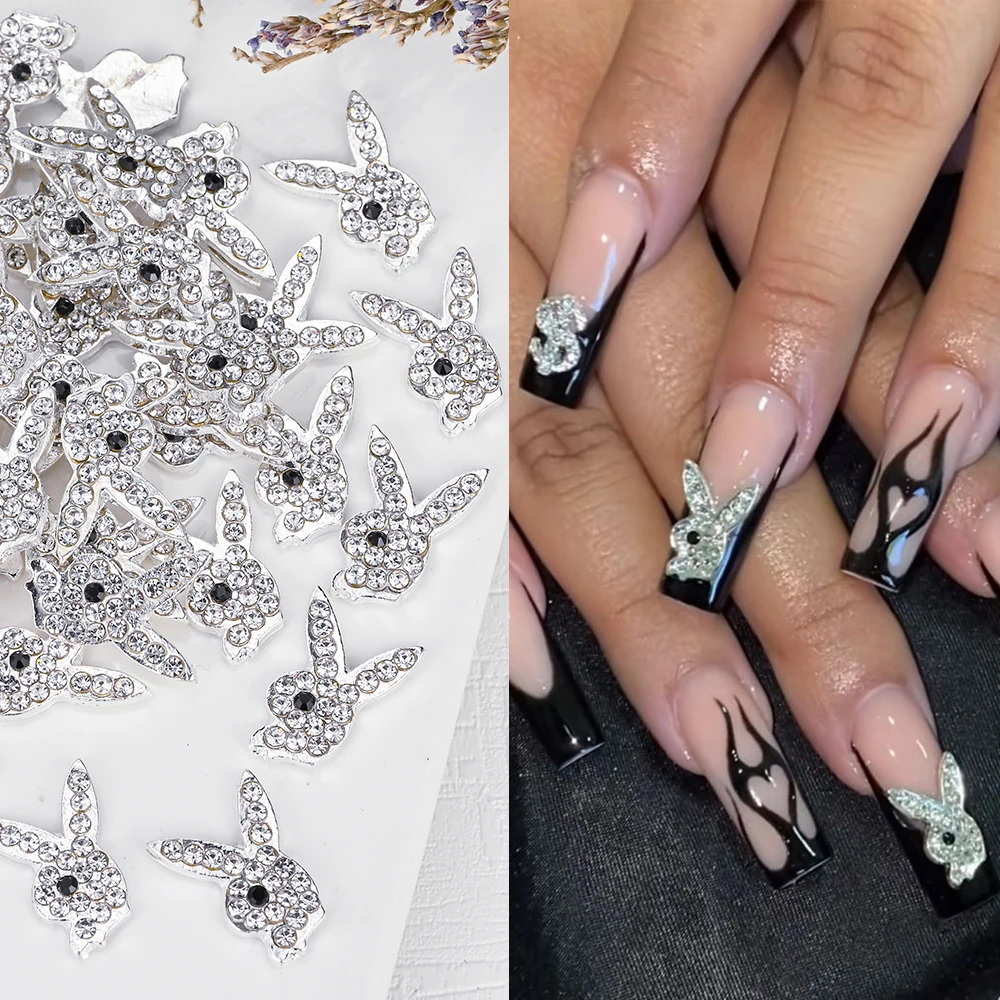 10 szt. Luksusowe ozdoby do paznokci Y2k z pełnymi diamentami, króliczki 3D ze srebrnego stopu, brokatowe cyrkonie, biżuteria do paznokci 10*15mm, dekoracje do manicure