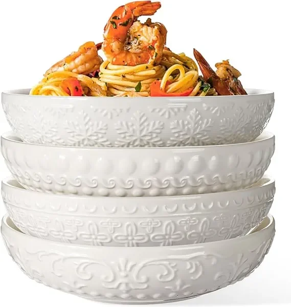 

Pasta Bowls, 32oz Salad Bowls Set of 4, White Ceramic Soup Bowls 8 Inch Embossment Large Serving Bowl