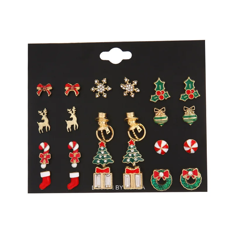 The 12 Pieces New Christmas Studs Korean Christmas Tree Bow Tie Snowman Gift Socks Snowflake Elk Studs Set For Women