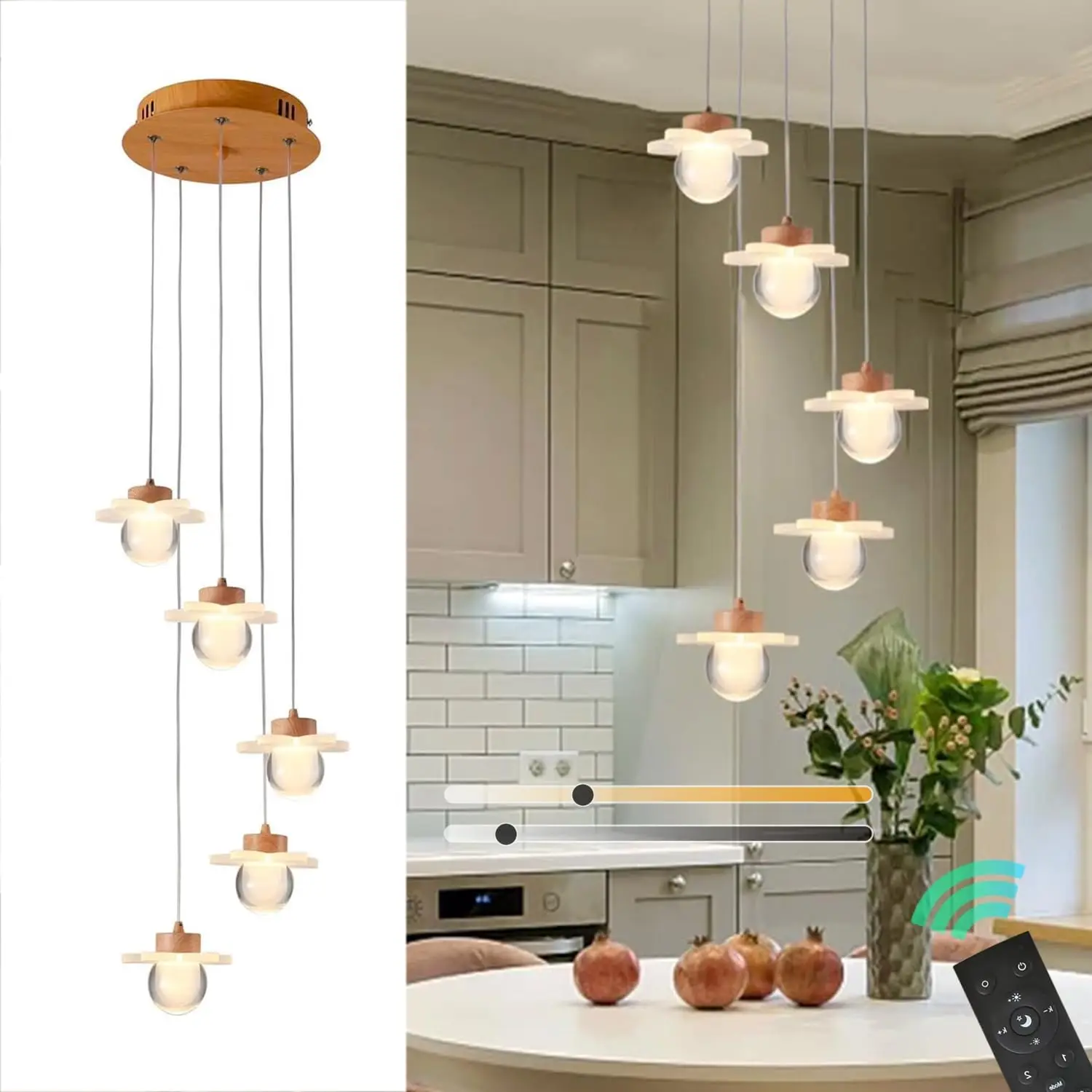 Pendant Lamp Dining Table 5-Flame LED Hanging Lamp Dimmable with Remote Control Pendant Lamp Acrylic Decorative Light Adjustable